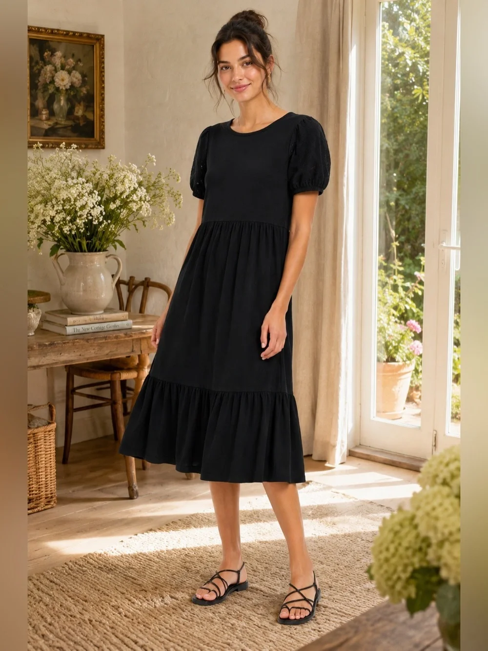 J.Crew black eyelet puff sleeve tiered midi dress small